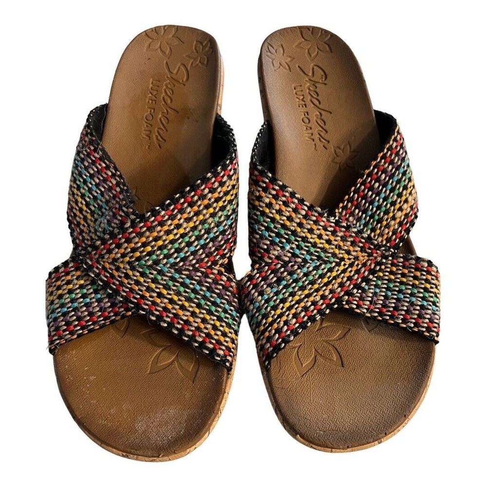 Skechers Women's Cali‎ Beverlee Delighted Wedge Rainbow Weave Sandals Size 9